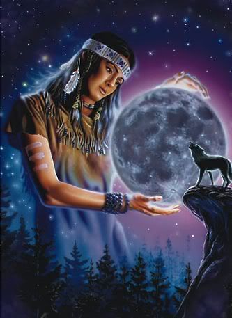 Indian woman with Moon and Wolf Art